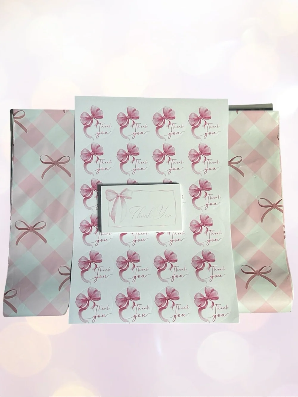 Lg Poly Mailers Pink Gingham & Bows with coordinating Thank you Cards & Stickers